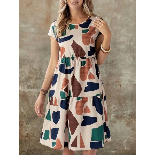 Kadın Kısa Kollu Bisiklet Yaka Desenli Fırfırlı Süprem Elbise
