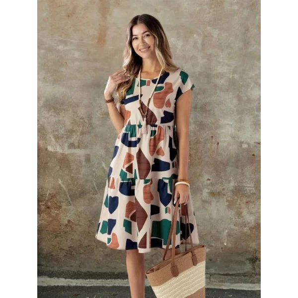 Kadın Kısa Kollu Bisiklet Yaka Desenli Fırfırlı Süprem Elbise