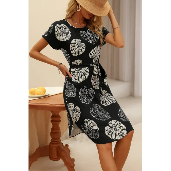 Kadın Kısa Kollu Bisiklet Yaka Desenli Kuşaklı örme Krep Midi Elbise