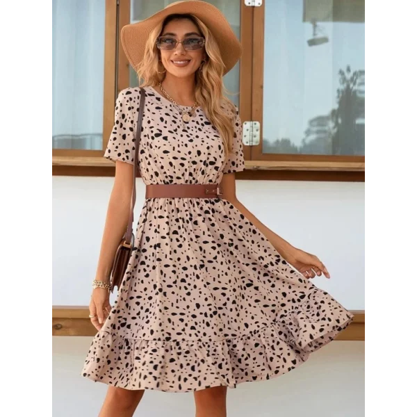 Kadın Kısa Kollu Bisiklet Yaka Desenli Süprem Elbise