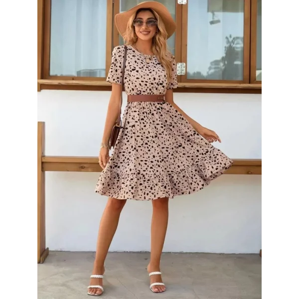 Kadın Kısa Kollu Bisiklet Yaka Desenli Süprem Elbise