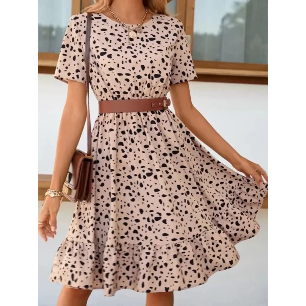 Kadın Kısa Kollu Bisiklet Yaka Desenli Süprem Elbise