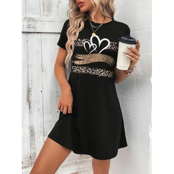 Kadın Kısa Kollu Bisiklet Yaka Desenli Viskon Elbise