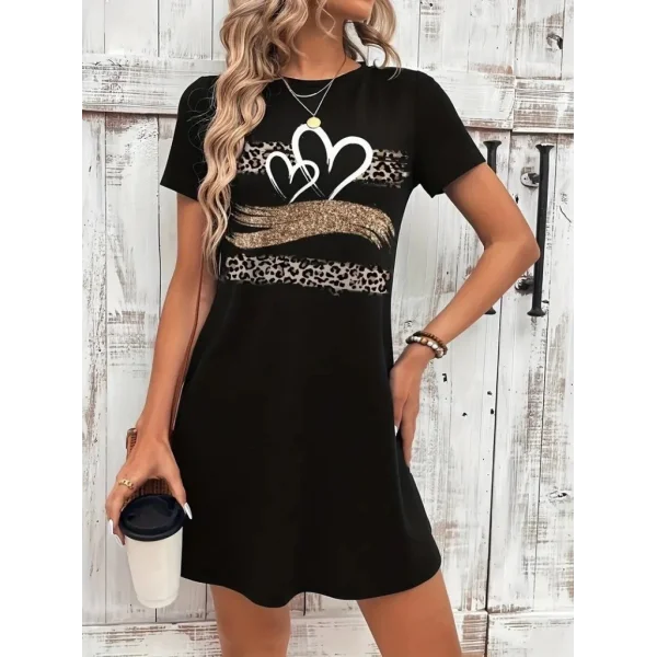 Kadın Kısa Kollu Bisiklet Yaka Desenli Viskon Elbise