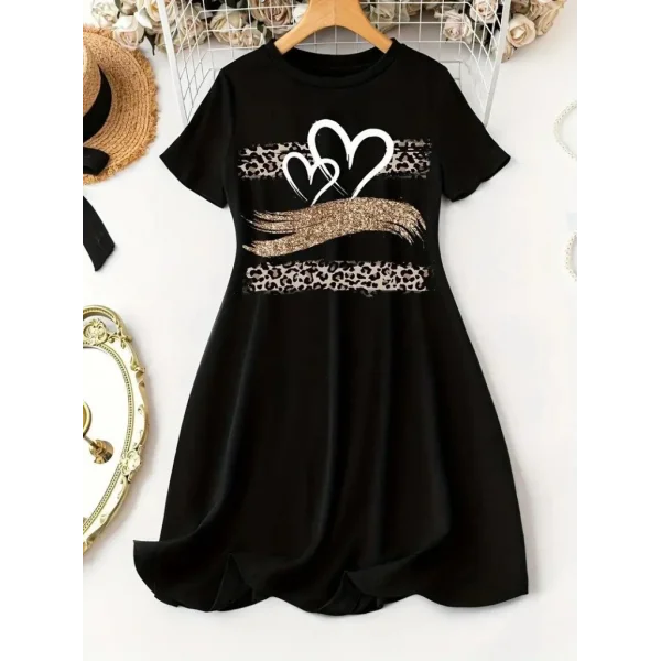 Kadın Kısa Kollu Bisiklet Yaka Desenli Viskon Elbise