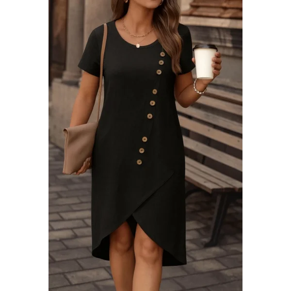 Kadın Kısa Kollu Bisiklet Yaka Düğme Detay Müslim Elbise