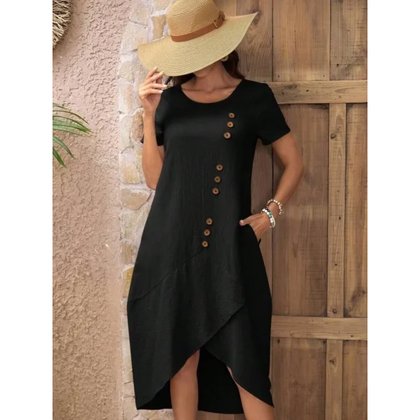 Kadın Kısa Kollu Bisiklet Yaka Düğme Detay Müslim Elbise