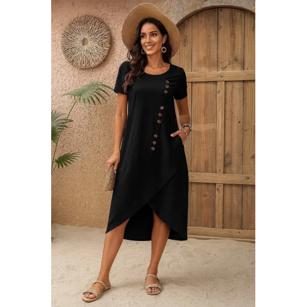 Kadın Kısa Kollu Bisiklet Yaka Düğme Detay Müslim Elbise