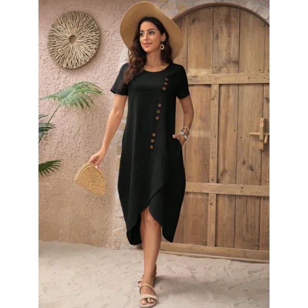 Kadın Kısa Kollu Bisiklet Yaka Düğme Detay Müslim Elbise