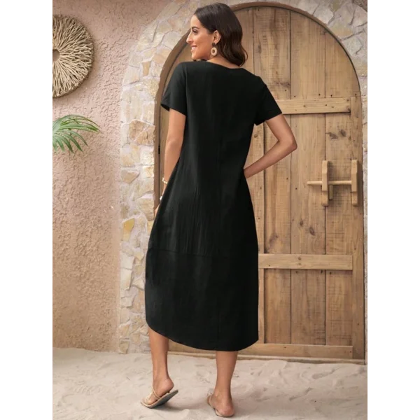 Kadın Kısa Kollu Bisiklet Yaka Düğme Detay Müslim Elbise