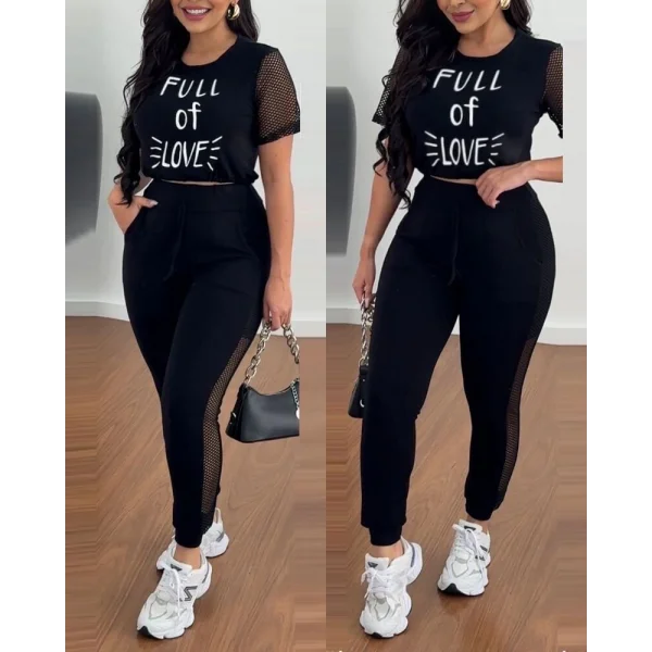 Kadın Kısa Kollu Bisiklet Yaka File Detaylı Viskon Iki Iplik Krop Ve Eşofman Altı Ikili Takım