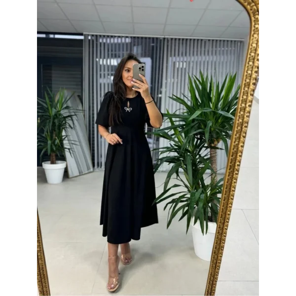 Kadın Kısa Kollu Bisiklet Yaka Fiyonk Broşlu Midi Janjan Krep Elbise