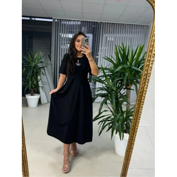 Kadın Kısa Kollu Bisiklet Yaka Fiyonk Broşlu Midi Janjan Krep Elbise