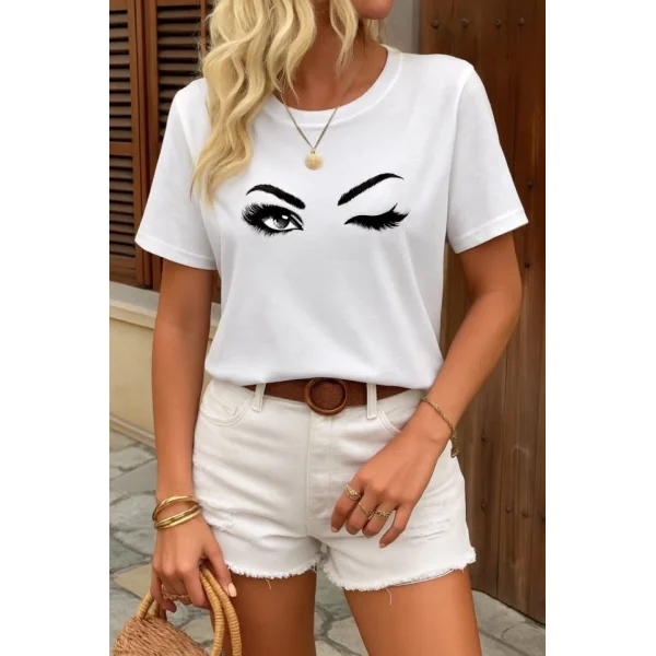 Kadın Kısa Kollu Bisiklet Yaka Göz Baskılı Süprem T-shirt