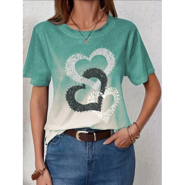 Kadın Kısa Kollu Bisiklet Yaka Kalp Baskılı Süprem Bluz