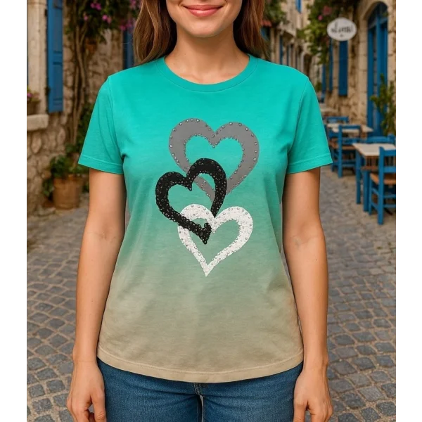 Kadın Kısa Kollu Bisiklet Yaka Kalp Baskılı Süprem Bluz