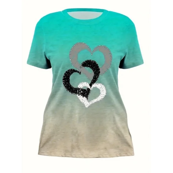 Kadın Kısa Kollu Bisiklet Yaka Kalp Baskılı Süprem Bluz