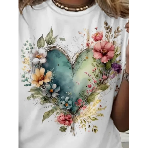 Kadın Kısa Kollu Bisiklet Yaka Kalp Desenli Süprem Bluz