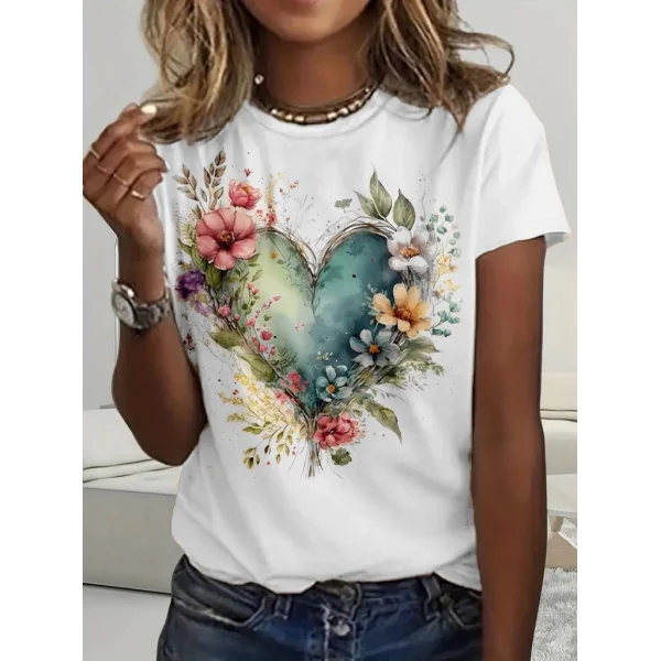 Kadın Kısa Kollu Bisiklet Yaka Kalp Desenli Süprem Bluz