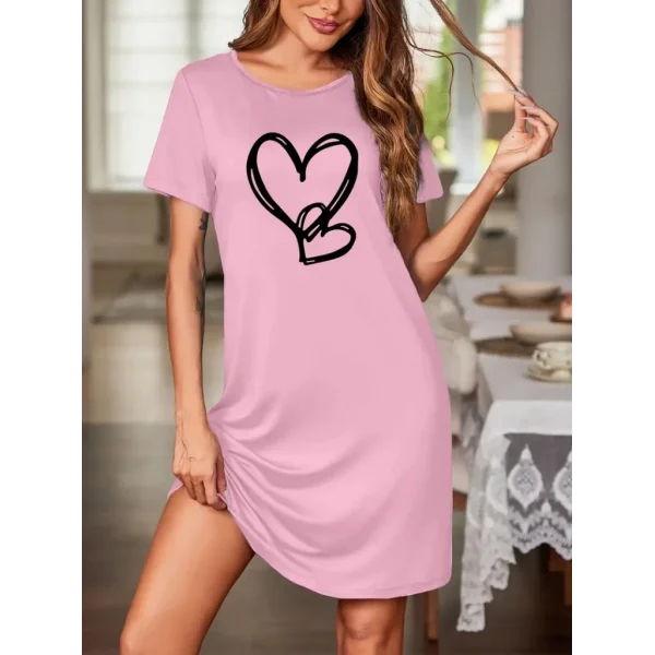 Kadın Kısa Kollu Bisiklet Yaka Kalp Desenli Viskon Elbise