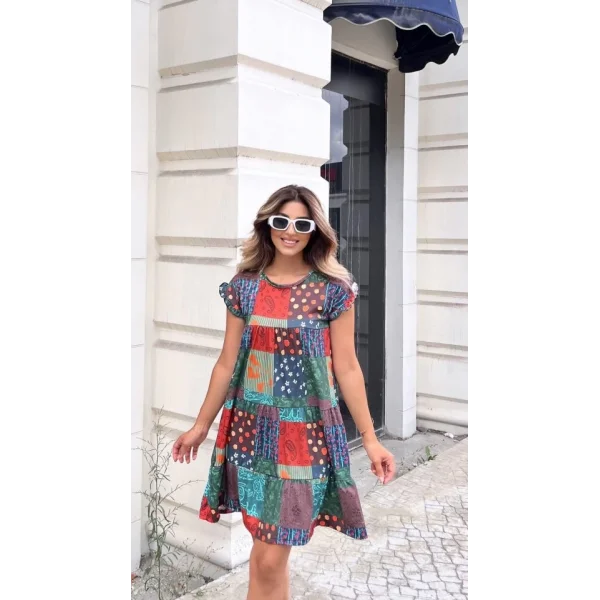 Kadın Kısa Kollu Bisiklet Yaka Kare Desenli Süprem Elbise