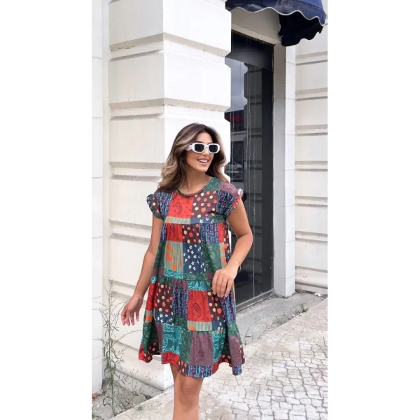 Kadın Kısa Kollu Bisiklet Yaka Kare Desenli Süprem Elbise