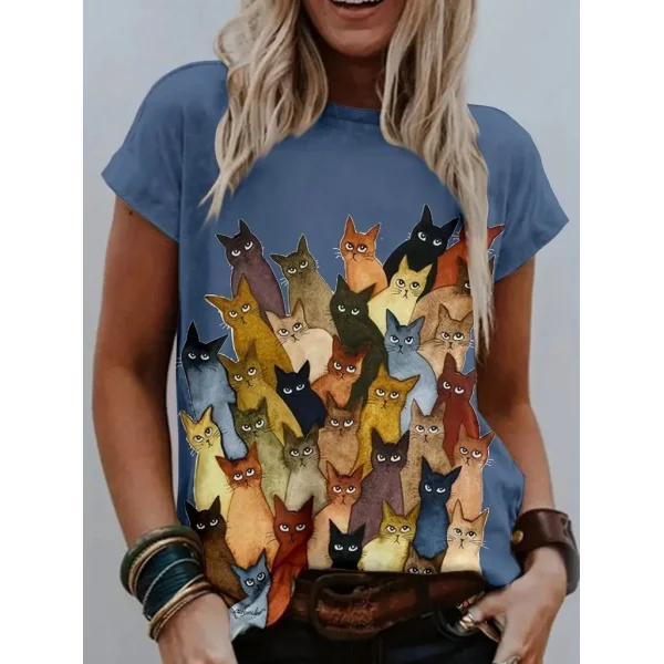 Kadın Kısa Kollu Bisiklet Yaka Kedi Baskılı Süprem Bluz