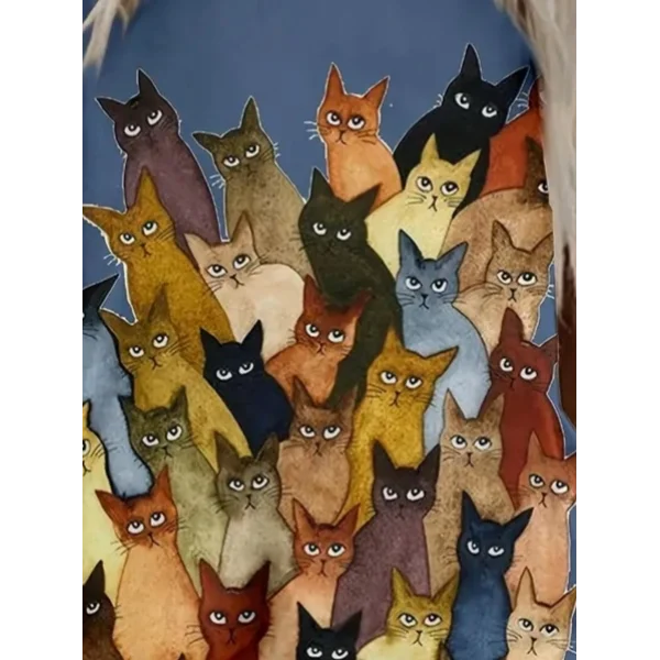 Kadın Kısa Kollu Bisiklet Yaka Kedi Baskılı Süprem Bluz