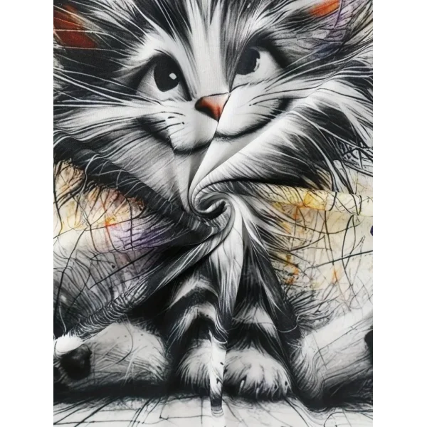 Kadın Kısa Kollu Bisiklet Yaka Kedi Baskılı Süprem Bluz