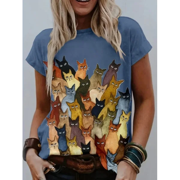 Kadın Kısa Kollu Bisiklet Yaka Kedi Baskılı Süprem Bluz