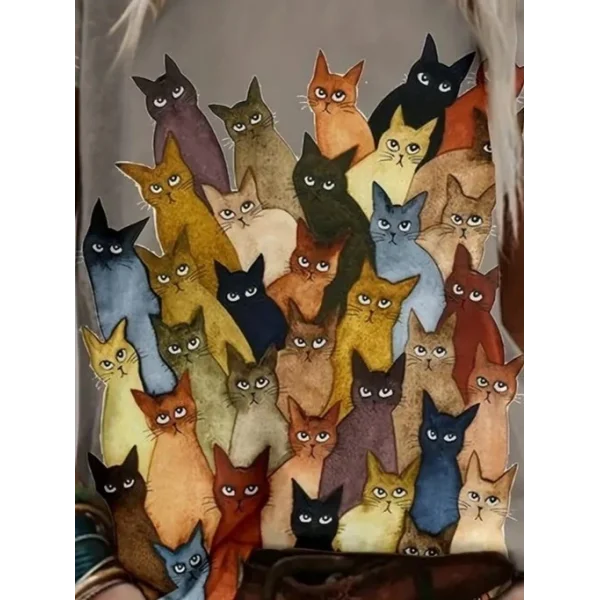 Kadın Kısa Kollu Bisiklet Yaka Kedi Desenli Süprem Bluz