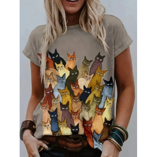 Kadın Kısa Kollu Bisiklet Yaka Kedi Desenli Süprem Bluz