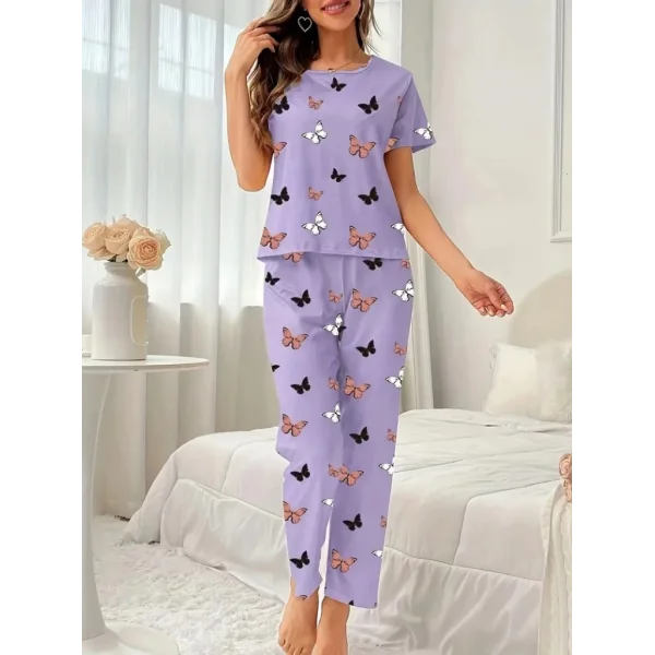 Kadın Kısa Kollu Bisiklet Yaka Kelebek Baskılı Süprem Ikili Takım