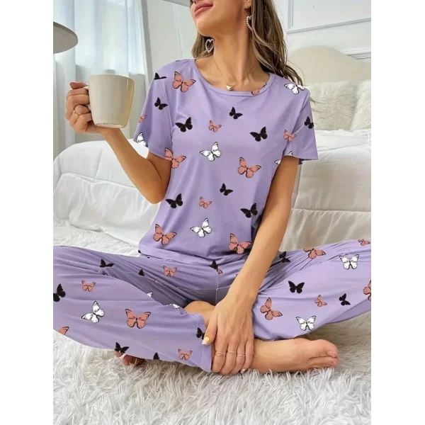 Kadın Kısa Kollu Bisiklet Yaka Kelebek Baskılı Süprem Ikili Takım