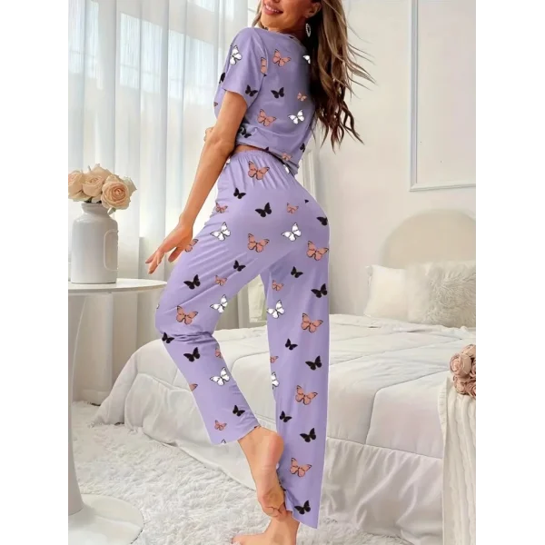 Kadın Kısa Kollu Bisiklet Yaka Kelebek Baskılı Süprem Ikili Takım