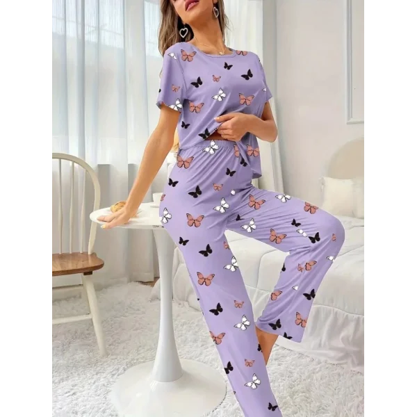 Kadın Kısa Kollu Bisiklet Yaka Kelebek Baskılı Süprem Ikili Takım