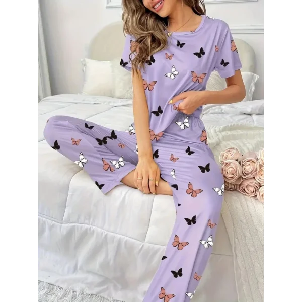 Kadın Kısa Kollu Bisiklet Yaka Kelebek Baskılı Süprem Ikili Takım