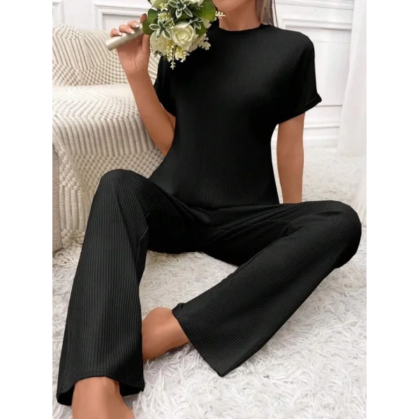 Kadın Kısa Kollu Bisiklet Yaka Kol Katlama Detay Kaşkorse Ikili Takım