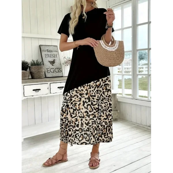 Kadın Kısa Kollu Bisiklet Yaka Leopar Detaylı Midi üst Viskon Alt Süprem Elbise