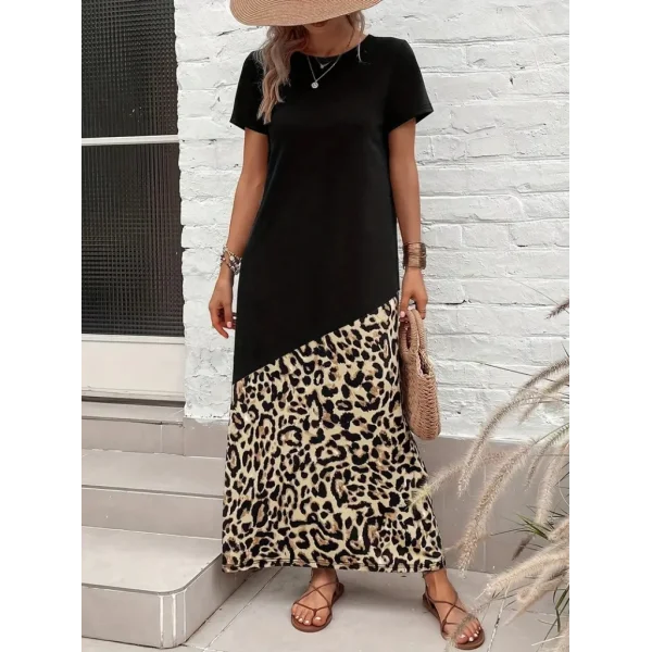 Kadın Kısa Kollu Bisiklet Yaka Leopar Detaylı Midi üst Viskon Alt Süprem Elbise