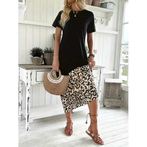 Kadın Kısa Kollu Bisiklet Yaka Leopar Detaylı Midi üst Viskon Alt Süprem Elbise