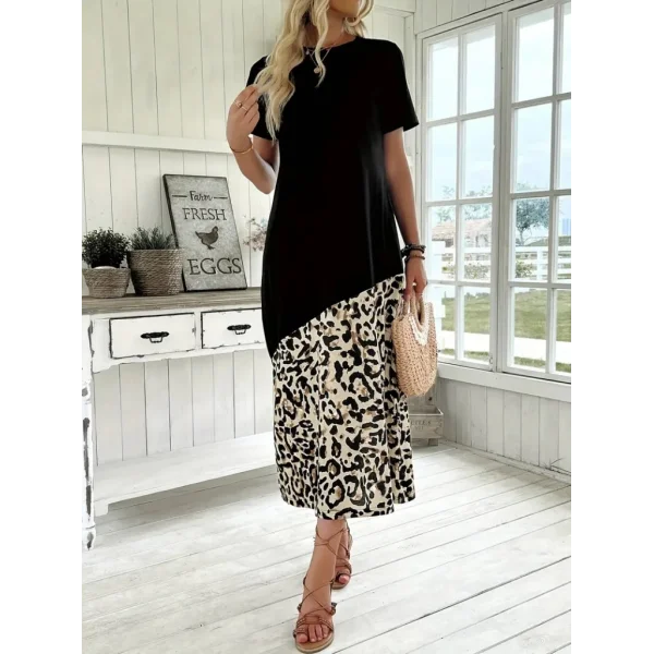 Kadın Kısa Kollu Bisiklet Yaka Leopar Detaylı Midi üst Viskon Alt Süprem Elbise