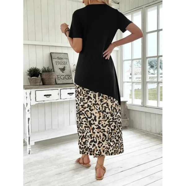 Kadın Kısa Kollu Bisiklet Yaka Leopar Detaylı Midi üst Viskon Alt Süprem Elbise