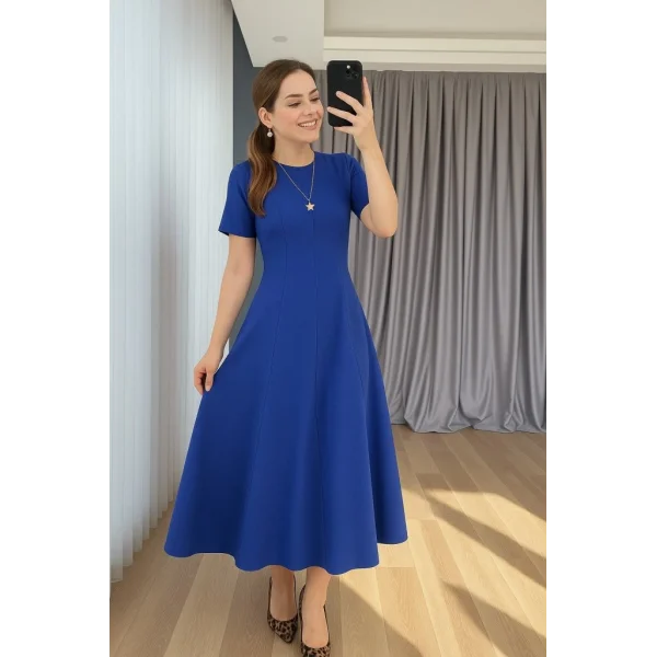 Kadın Kısa Kollu Bisiklet Yaka Maksi Boy Ithal Krep Elbise