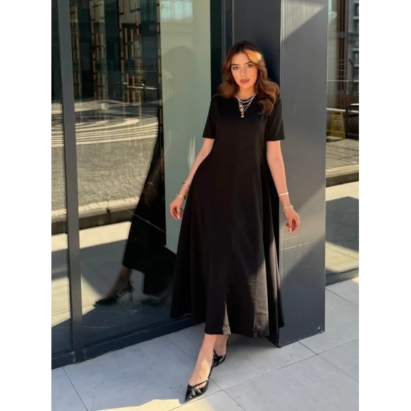 Kadın Kısa Kollu Bisiklet Yaka Maksi Boy Ithal Krep Elbise