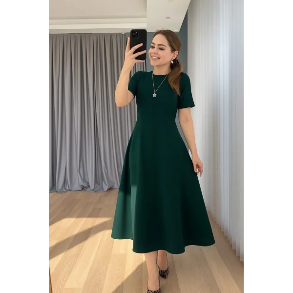 Kadın Kısa Kollu Bisiklet Yaka Maksi Boy Ithal Krep Elbise
