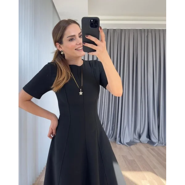 Kadın Kısa Kollu Bisiklet Yaka Maksi Boy Ithal Krep Elbise