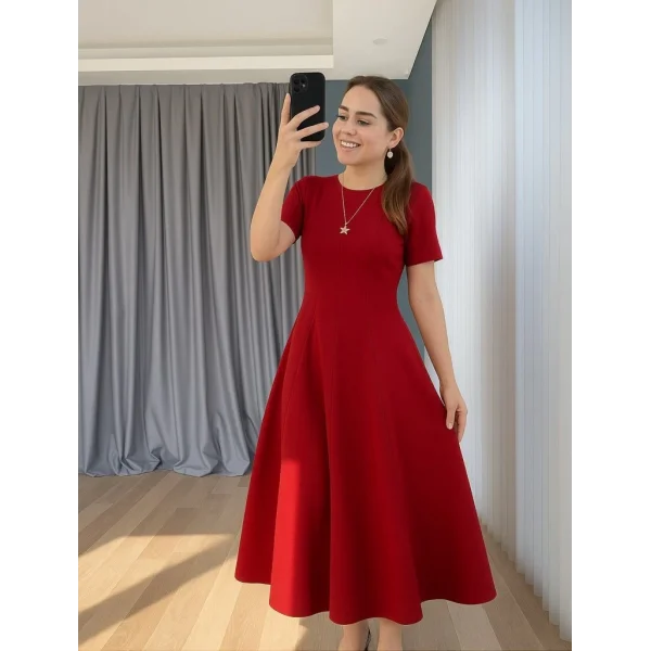 Kadın Kısa Kollu Bisiklet Yaka Maksi Boy Ithal Krep Elbise