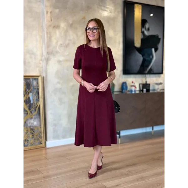 Kadın Kısa Kollu Bisiklet Yaka Midi Viskon Iki Iplik Elbise