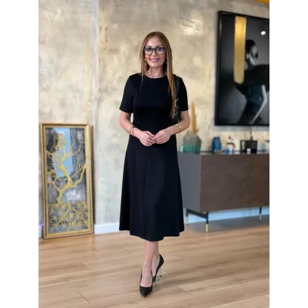 Kadın Kısa Kollu Bisiklet Yaka Midi Viskon Iki Iplik Elbise